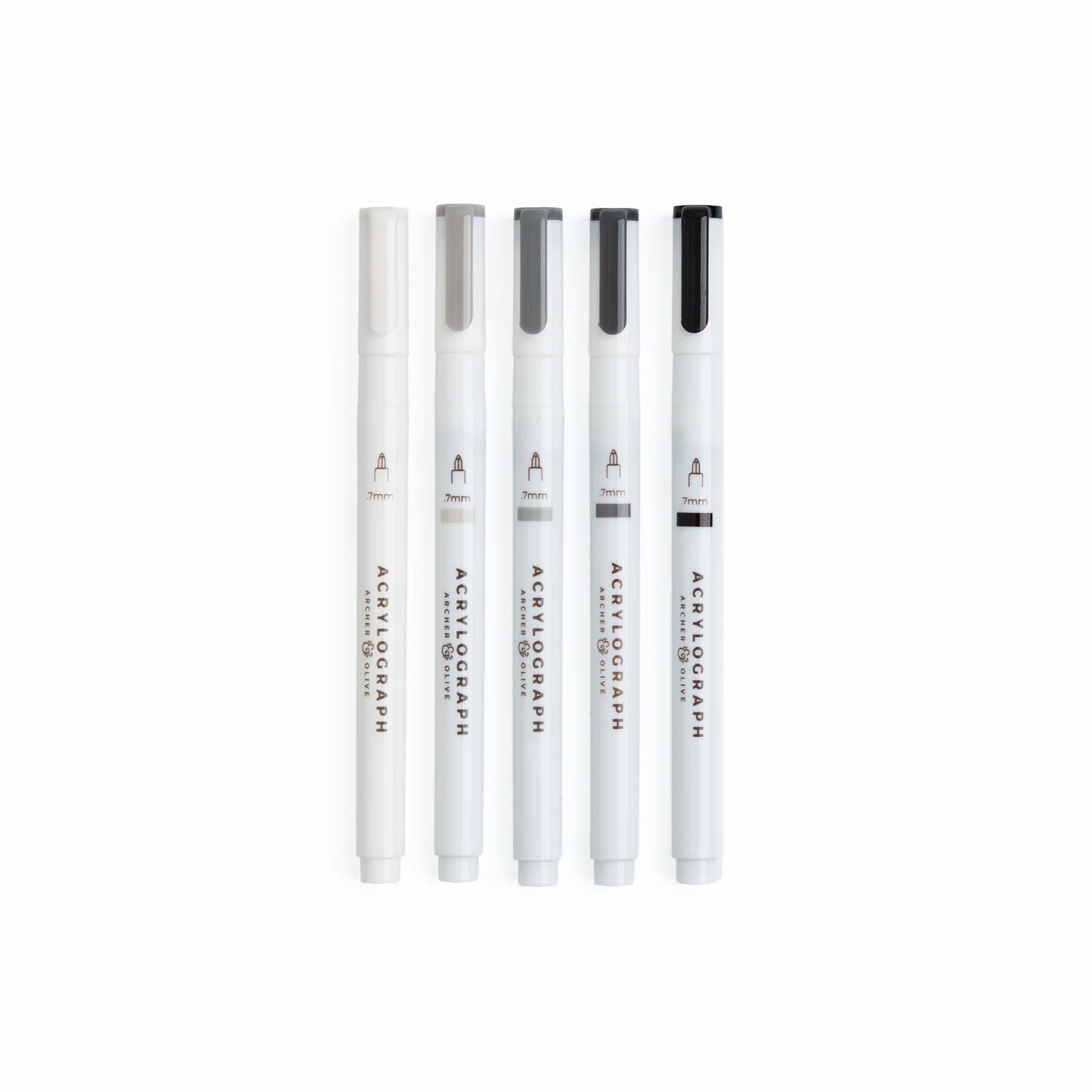 Archer and Olive Halloween 2025 Acrylograph grayscale pens Set of five white markers with black accents on a white background