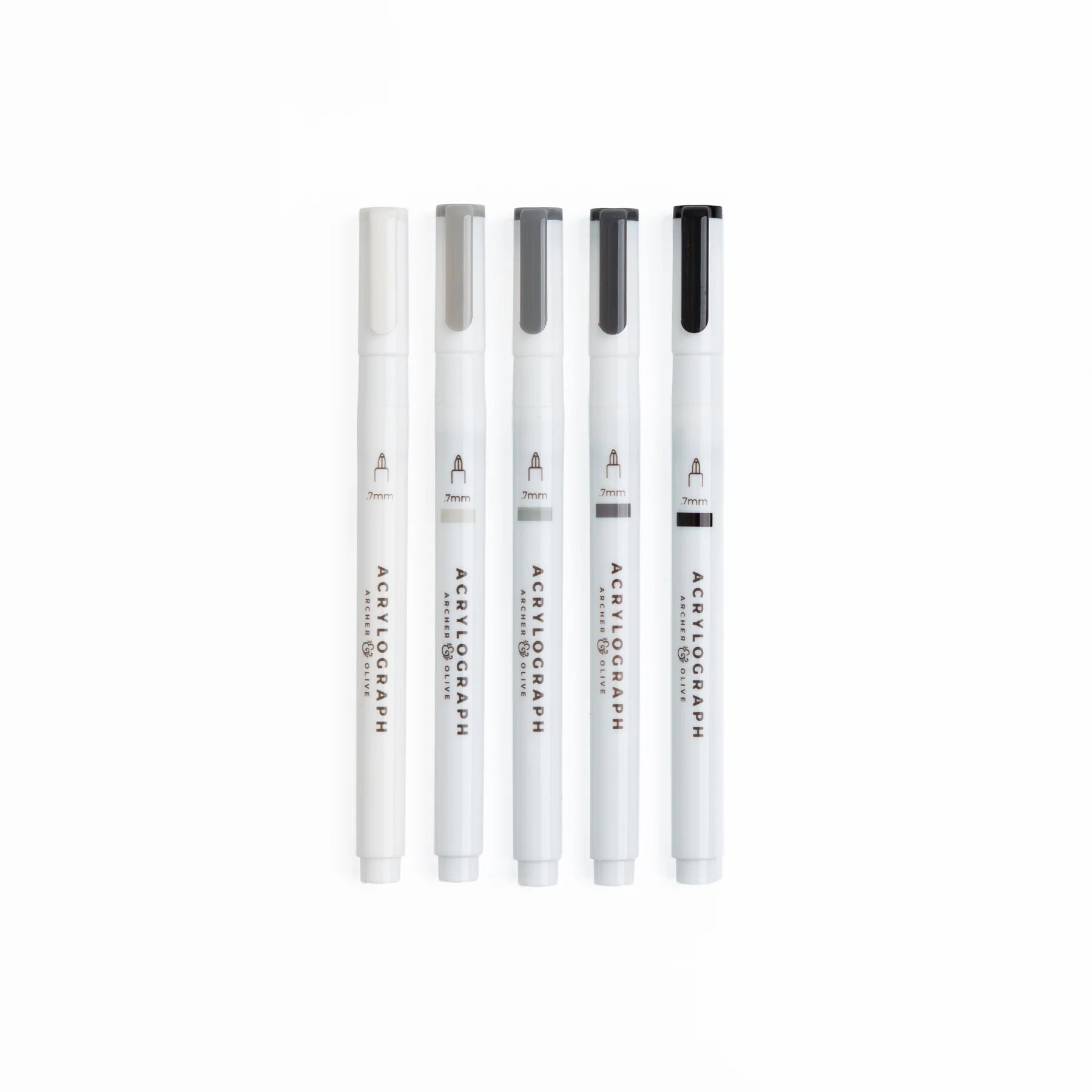 Archer and Olive Halloween 2025 Acrylograph grayscale pens Set of five white markers with black accents on a white background