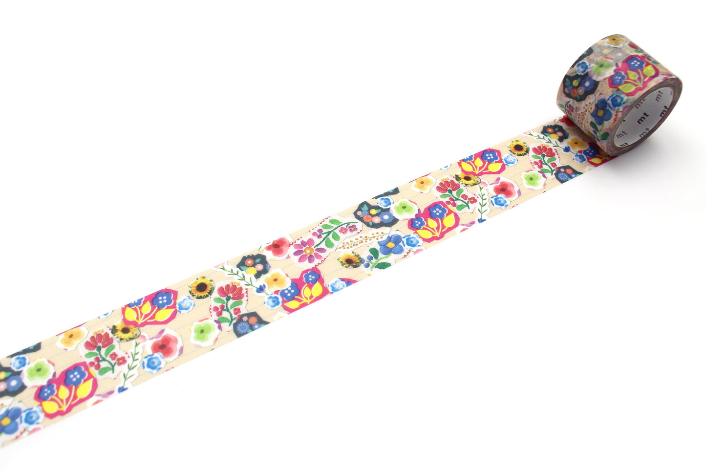 a wide roll of mt washi tape rolled out to show pattern of floral sticker pattern funky and retro