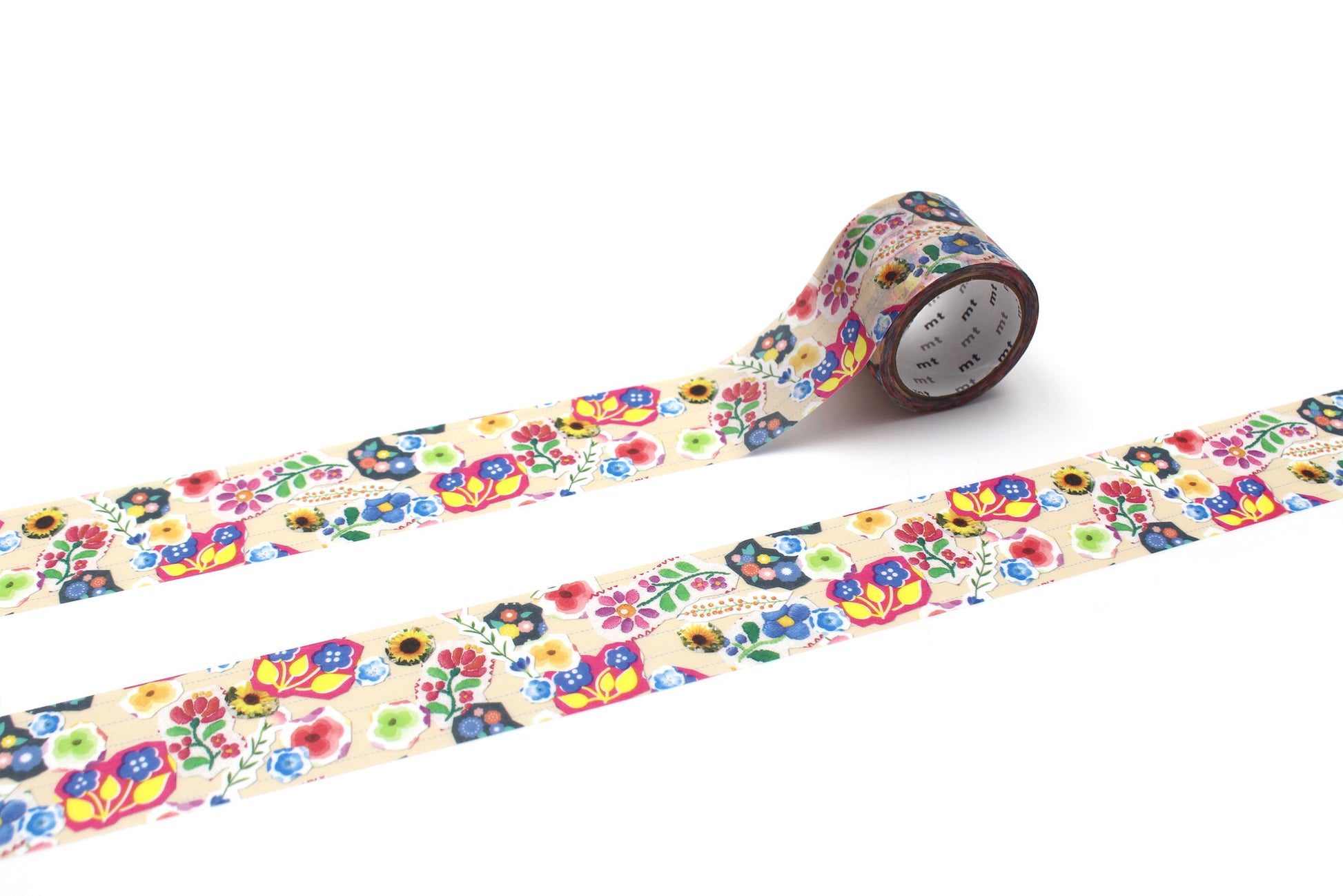 a wide roll of mt washi tape rolled out to show pattern of floral sticker pattern funky and retro