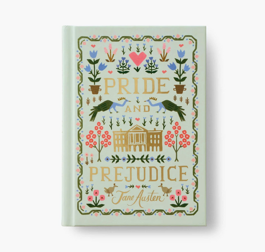 Book cover of 'Pride and Prejudice' with decorative elements on a light green background.