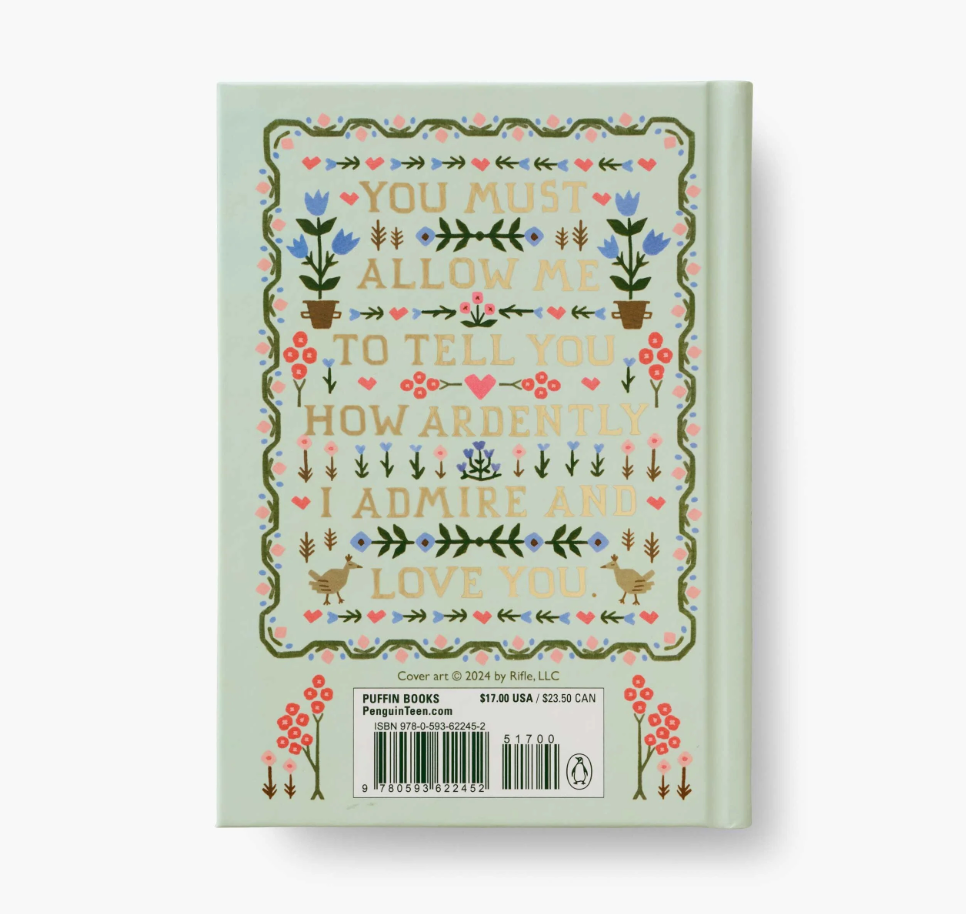 Book cover with decorative text and illustrations on a light green background. Features barcode from puffin books and rifle paper company.