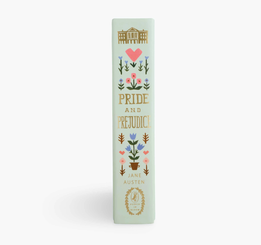 Book cover of 'Pride and Prejudice' by Jane Austen with decorative elements on a light green background. Spine says Puffin in Bloom.