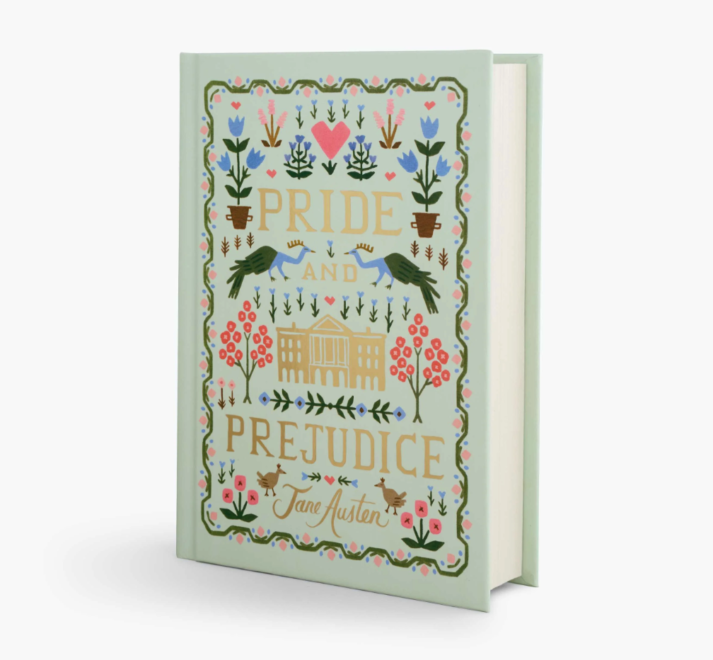 Book cover of 'Pride and Prejudice' by Jane Austen with decorative elements on a light green background