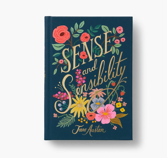 Book cover of 'Sense and Sensibility' by Jane Austen with floral design on a blue background