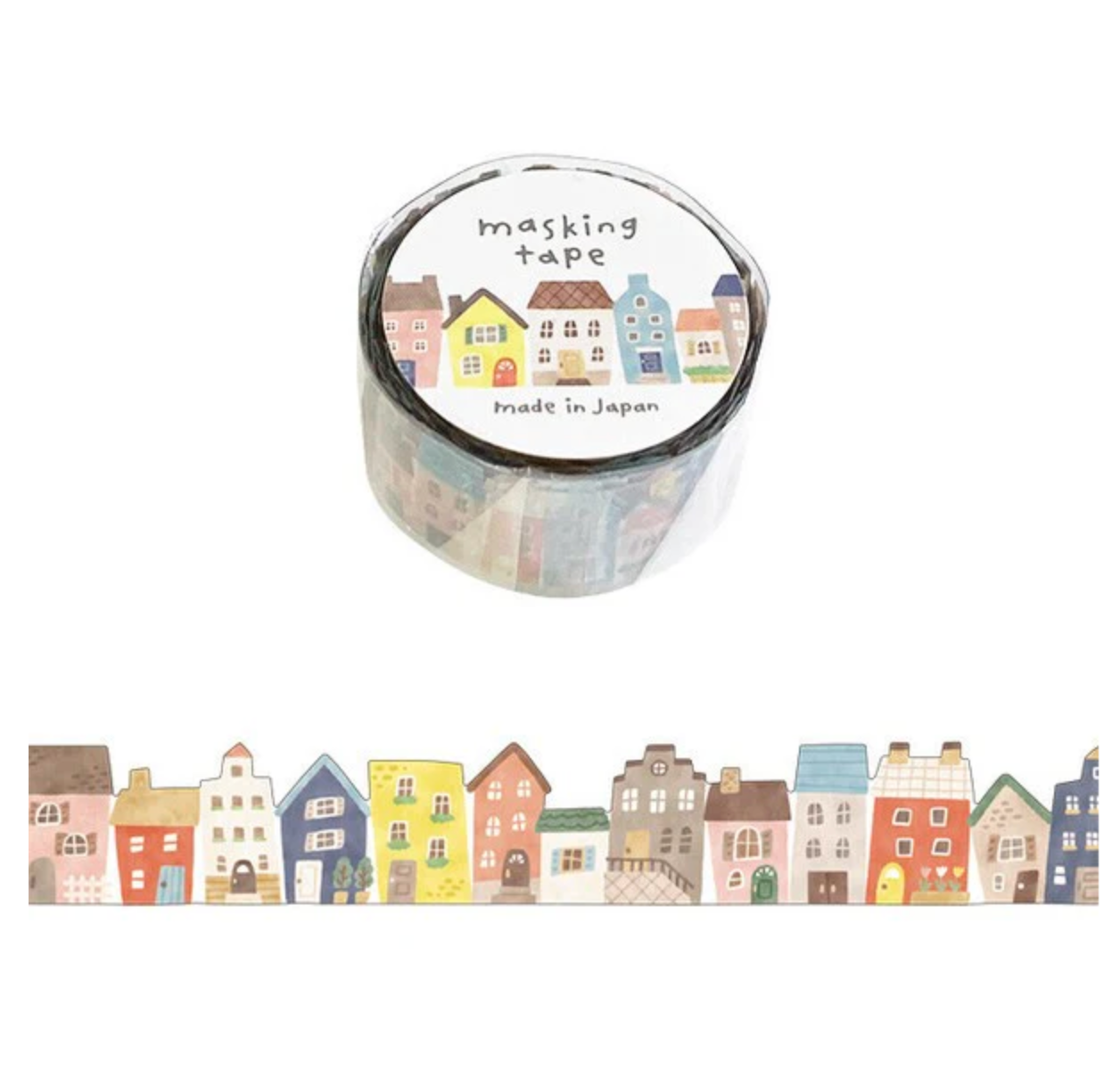 Roll of masking tape with a design of colorful houses on a white background