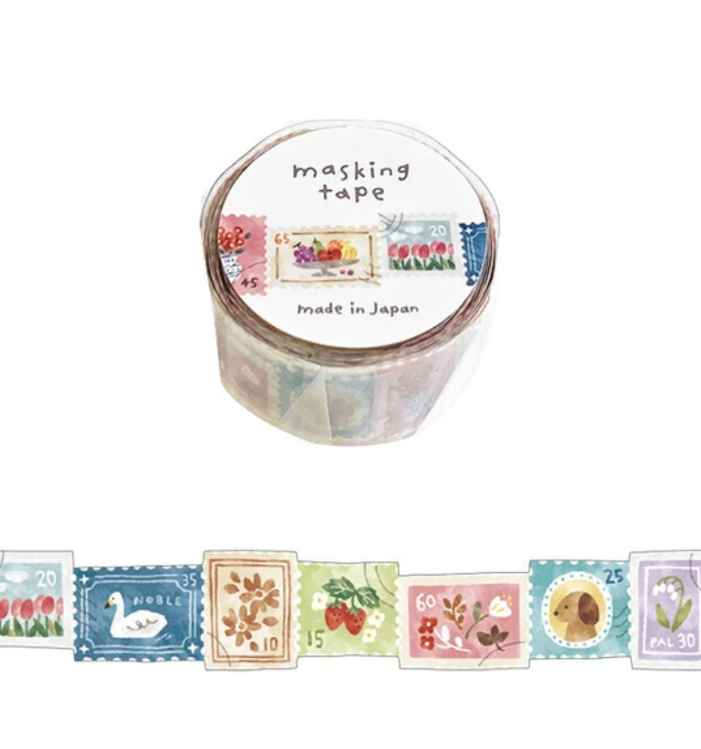Roll of masking tape with decorative designs on a white background. Washi sample in front featuring a row of die-cut postage stamps with swan, flowers, fruit, and a dog.