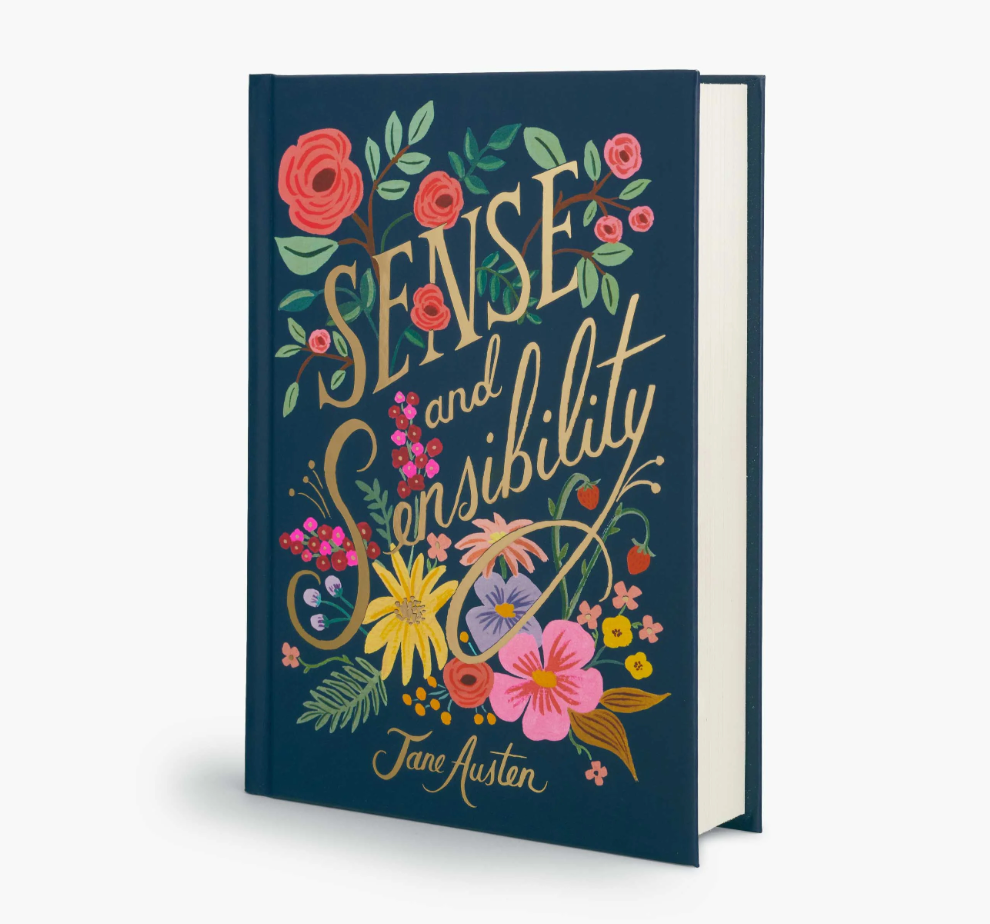 Book cover of 'Sense and Sensibility' by Jane Austen with floral design on a blue background.