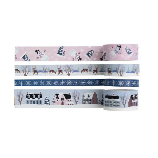 Four rolls of decorative tape with winter-themed designs 