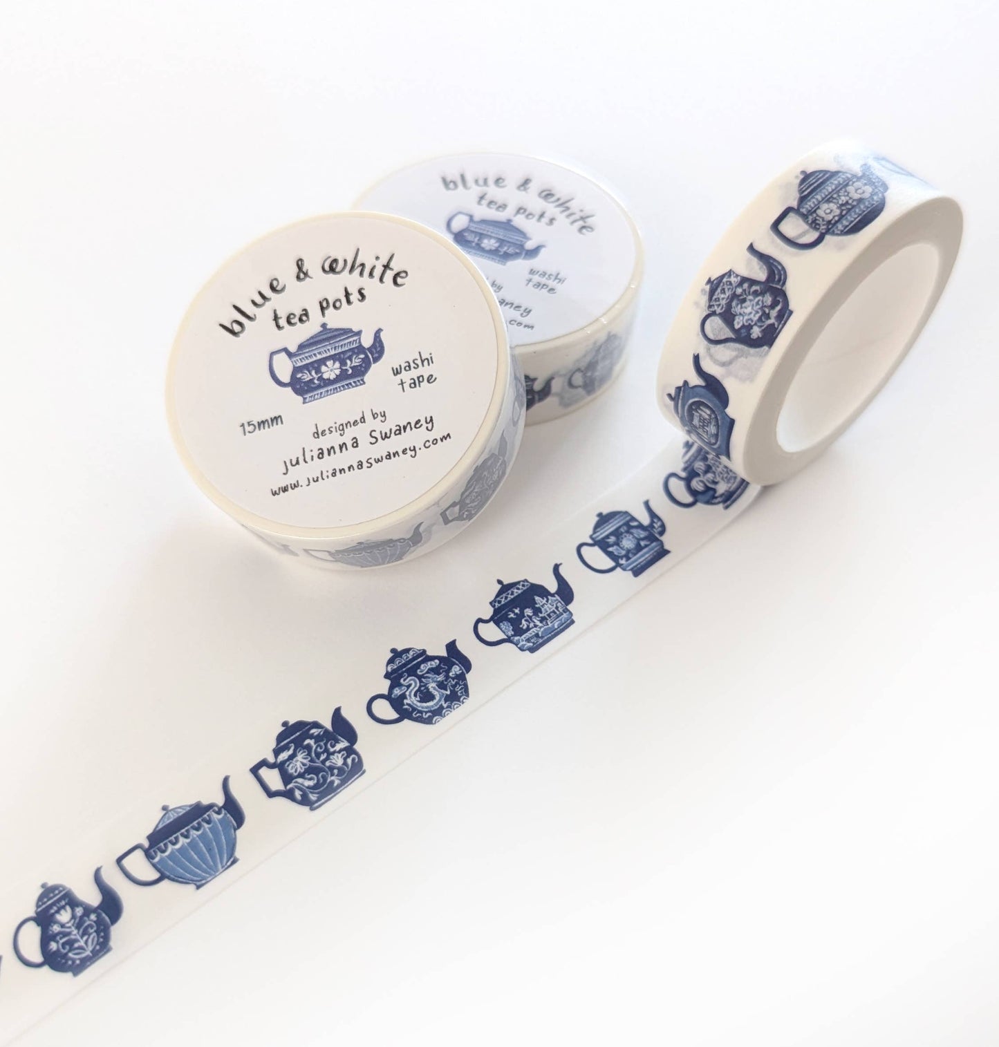 Blue & White Teapots 15mm Washi Tape White Background