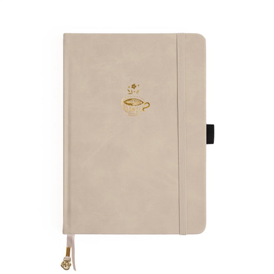 Archer and Olive A5 Latte Love Notebook Dot Grid - beige cover with a coffee cup and flowers