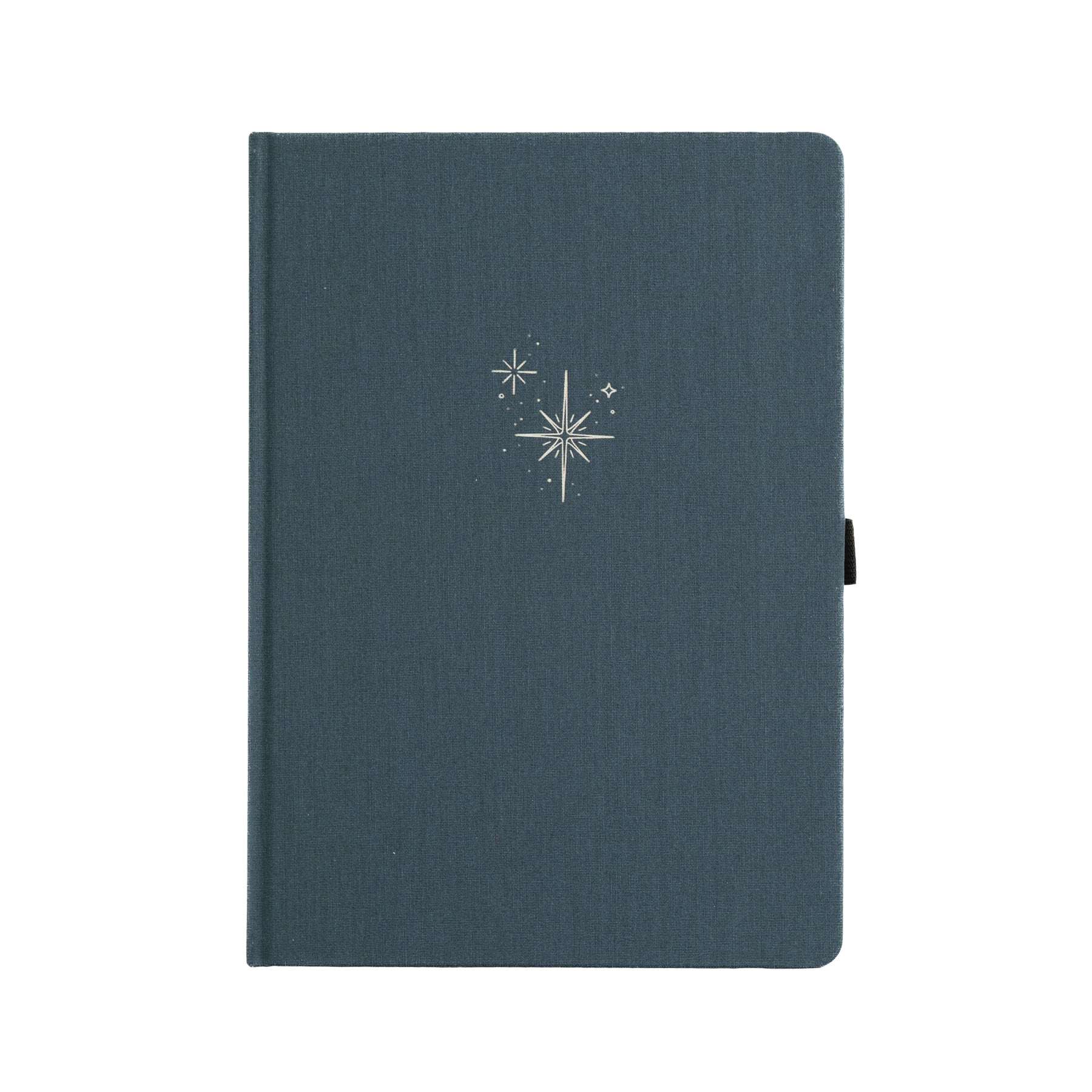 A teal Archer and Olive Starbright Notebook with a sparkle design on the cover, featuring a pen holder and elastic band.