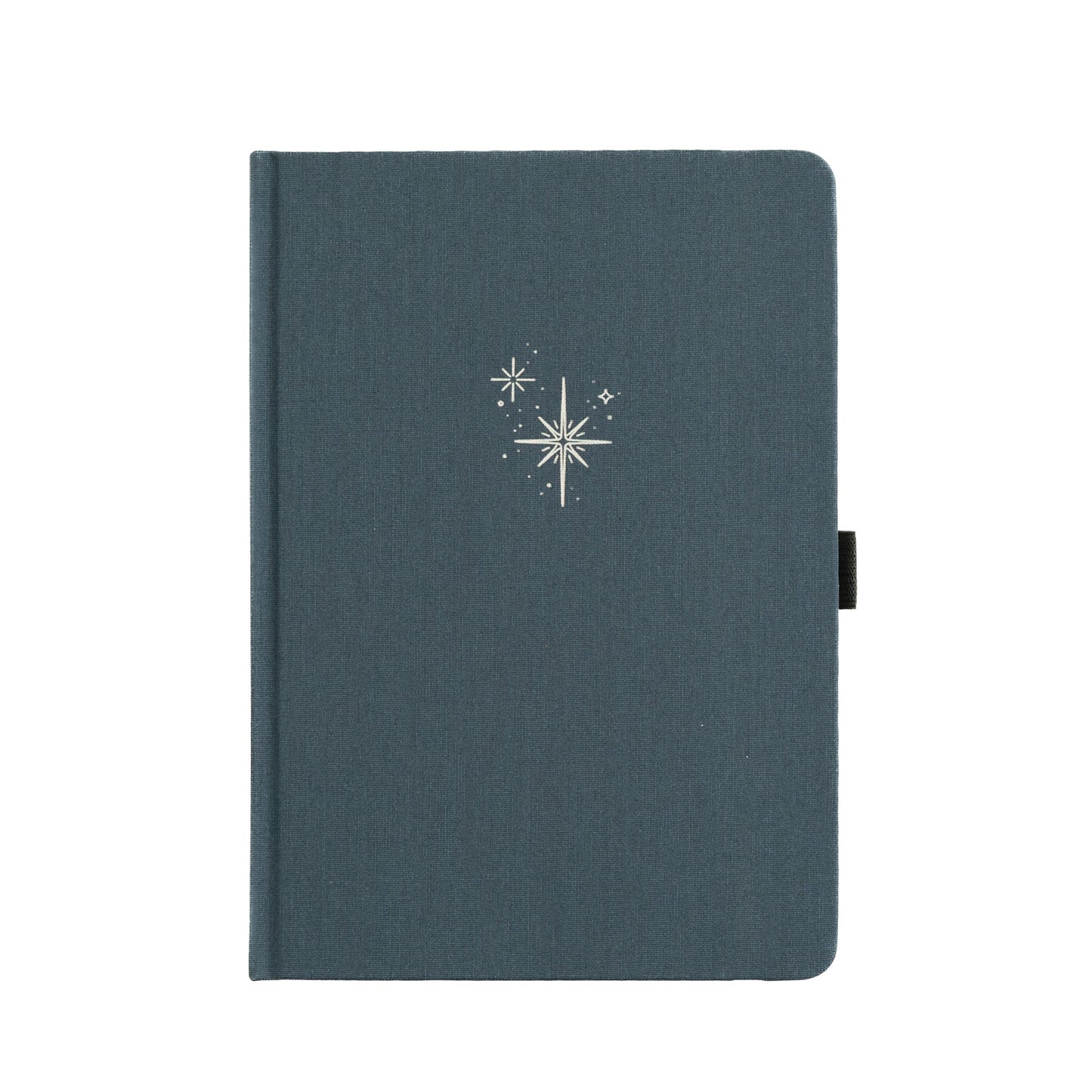 A teal Archer and Olive Starbright Notebook with a sparkle design on the cover, featuring a pen holder and elastic band.
