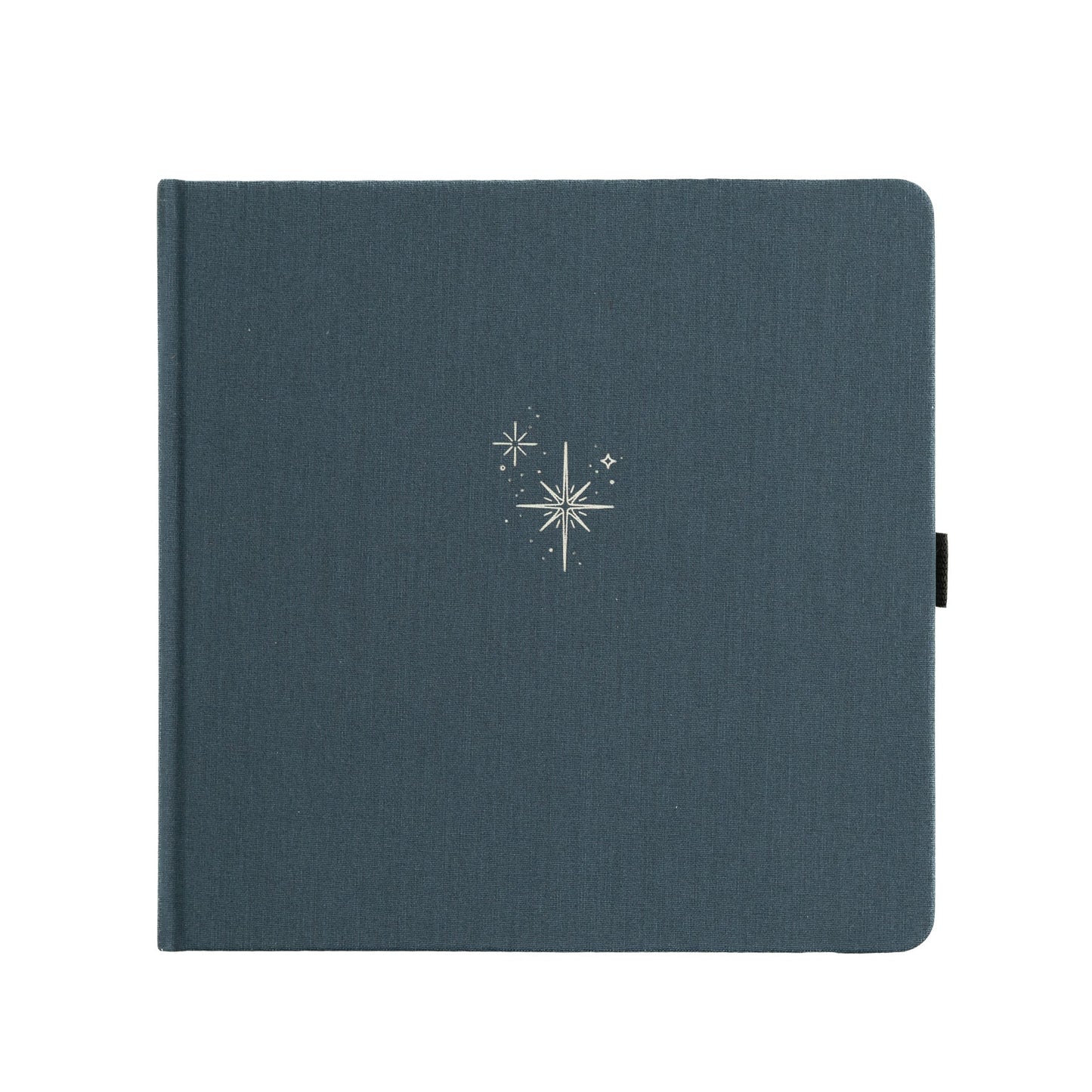 Square version of the Archer and Olive Starbright Notebook featuring a denim blue background debossed with silver sparkle pattern.