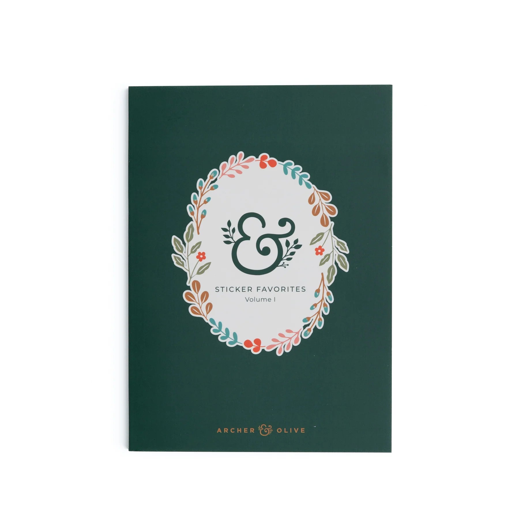 Green sticker Favorites Volume book with decorative cover on a white background.  This is the cover of the Archer and Olive Sticker Favorites Pack Volume 1.