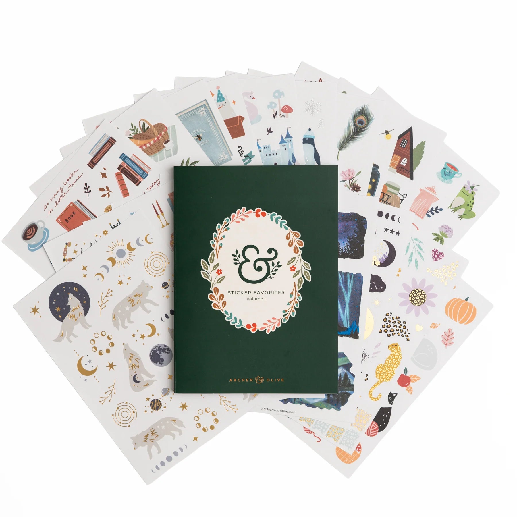 Collection of sticker sheets with a central green book titled 'Sticker Favorites' on a white background.  This is an overview of the Archer and Olive Sticker Favorites Pack Volume 1.