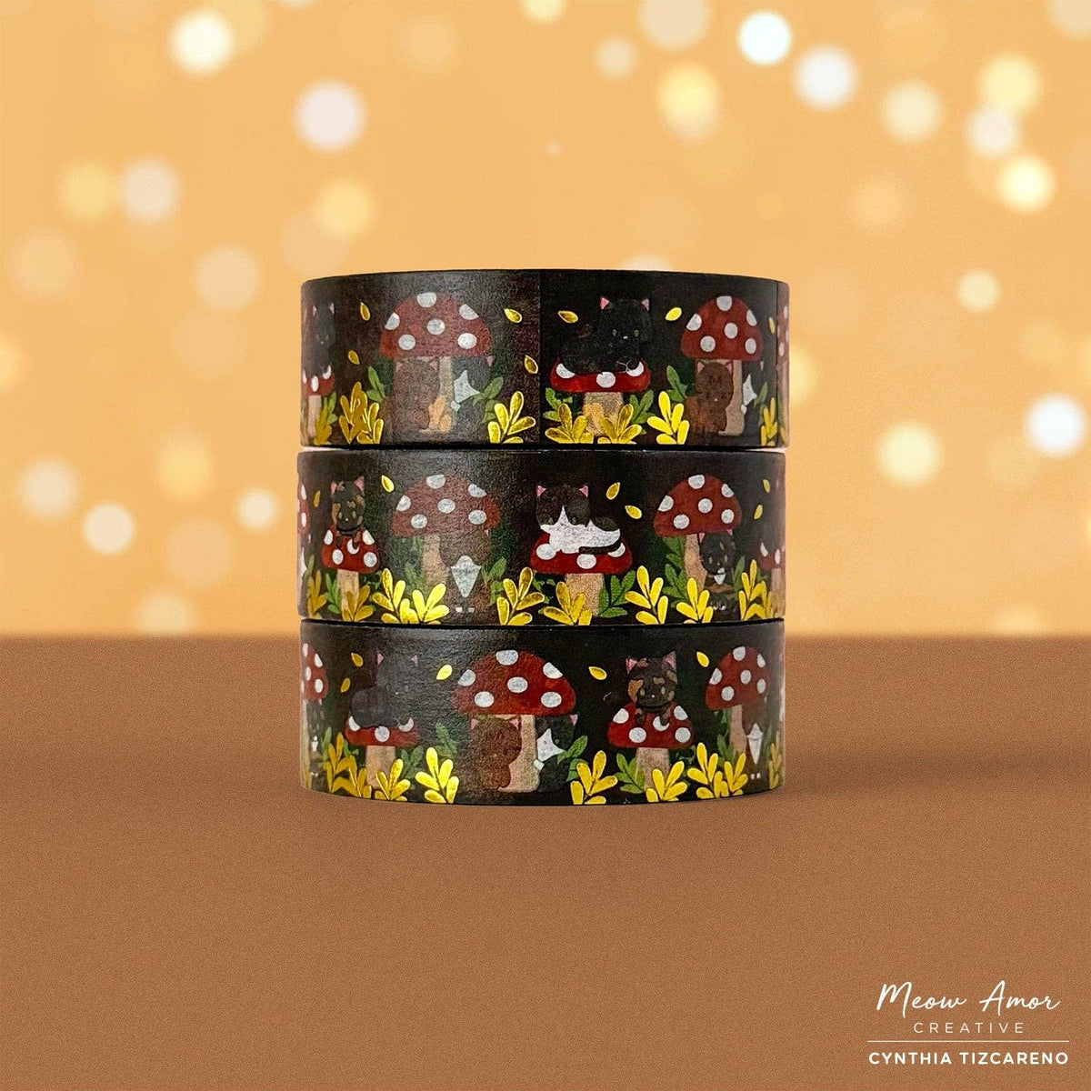 Mushroom Cats Gold Foil Washi Tape