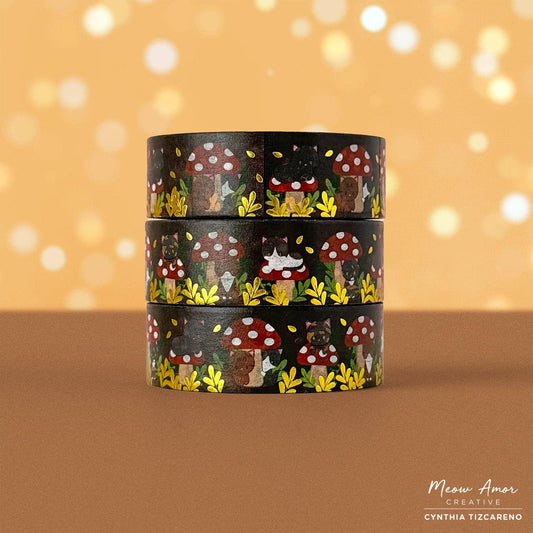 Mushroom Cats Gold Foil Washi Tape