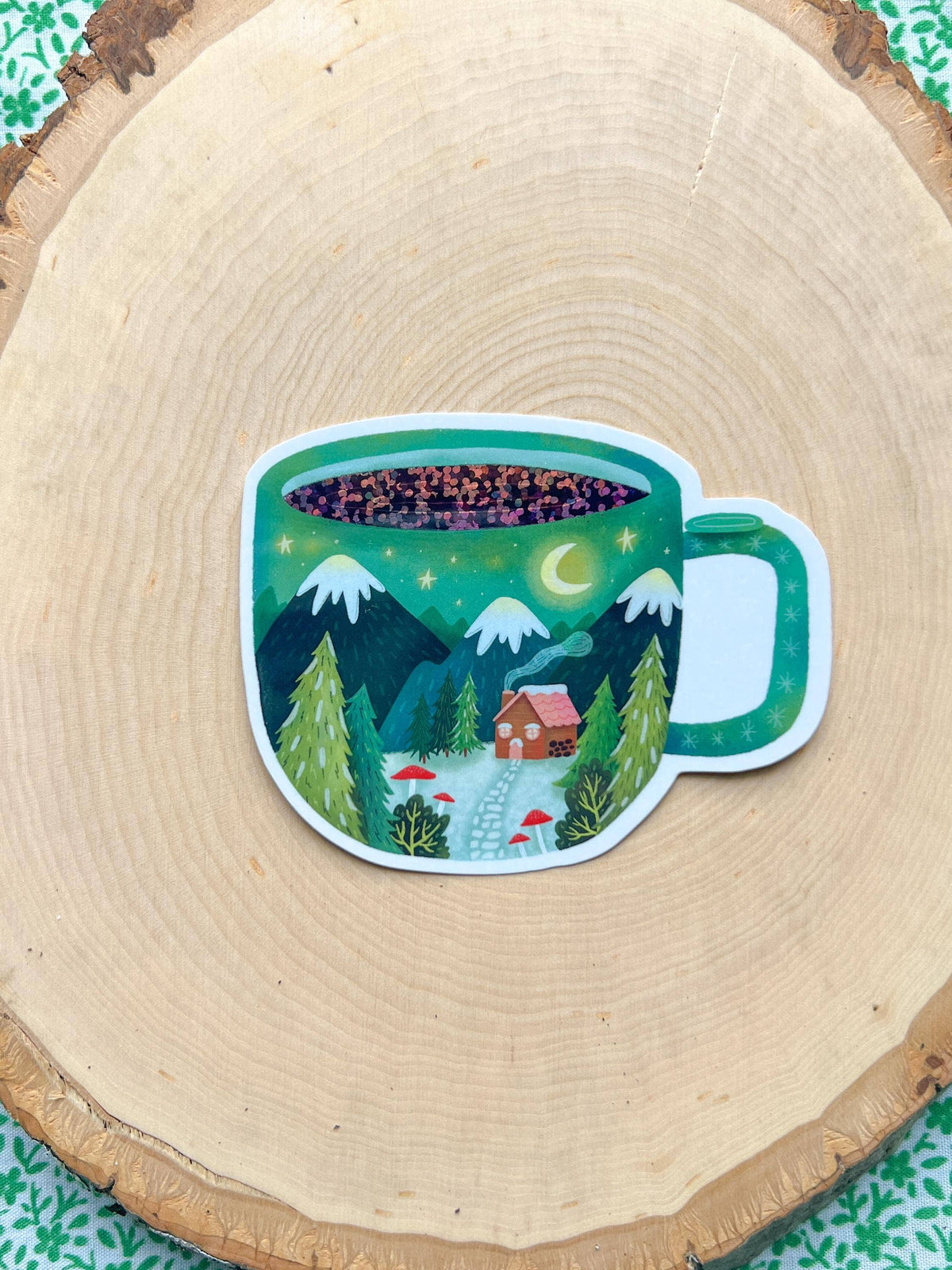 Cabin in Coffee Mug Sticker – Glittery Nature Vinyl Decal