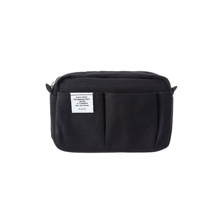 Black pouch with a white label with Delfonics brand text. The pouch has several pockets on the front.