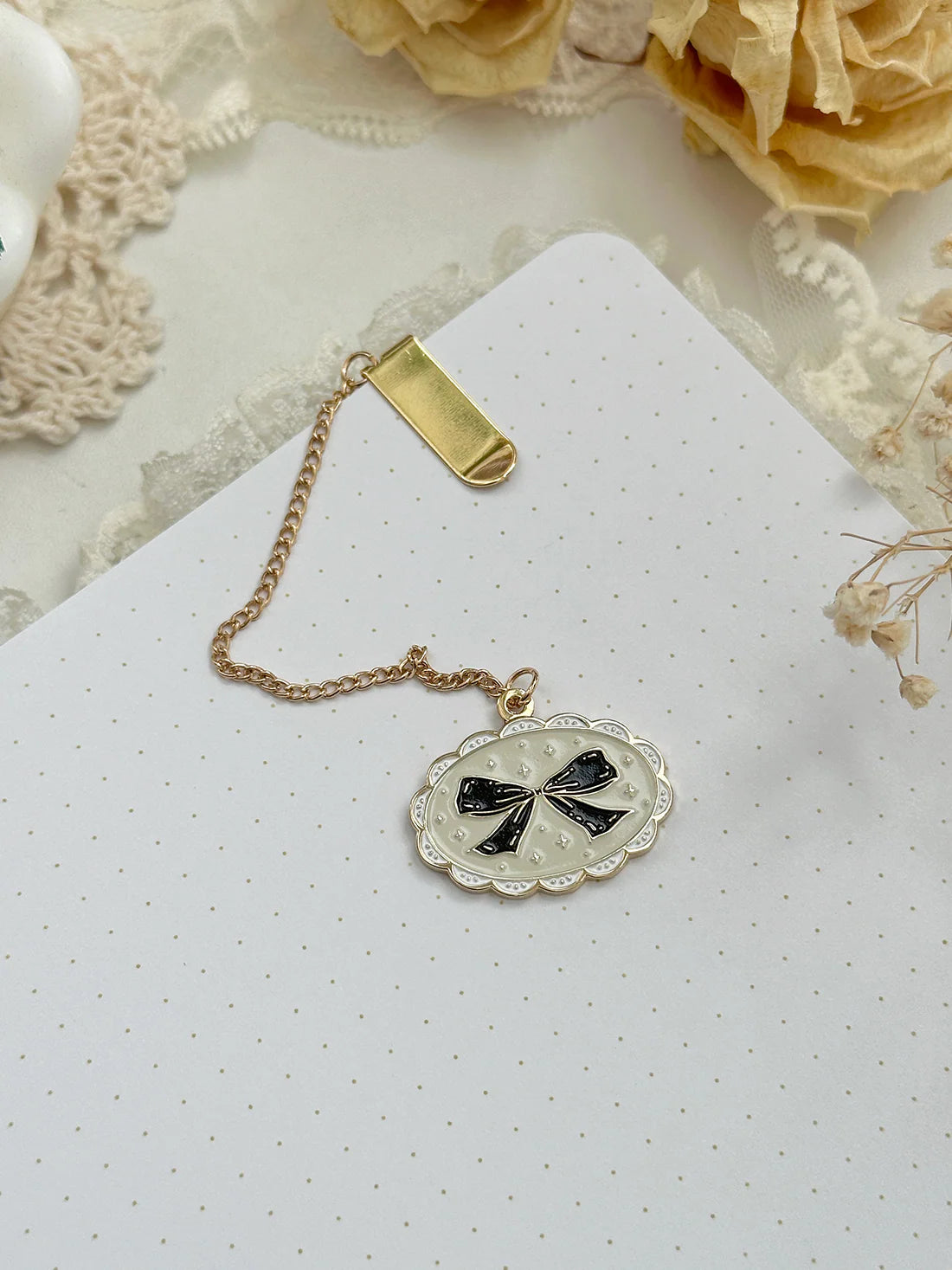 Framed Black Bow Enamel Bookmark Pendant