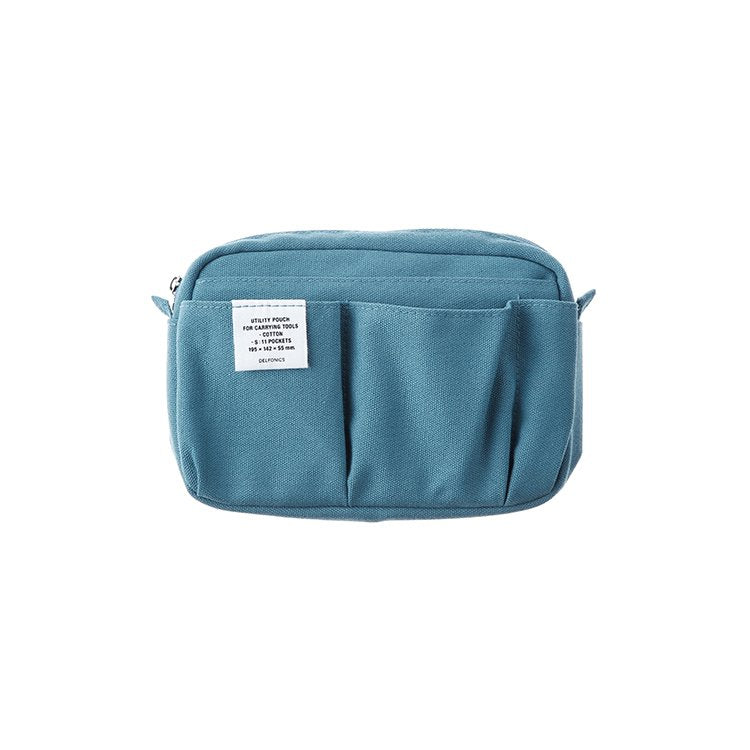 Blue pouch with a white label with Delfonics brand text. The pouch has several pockets on the front.