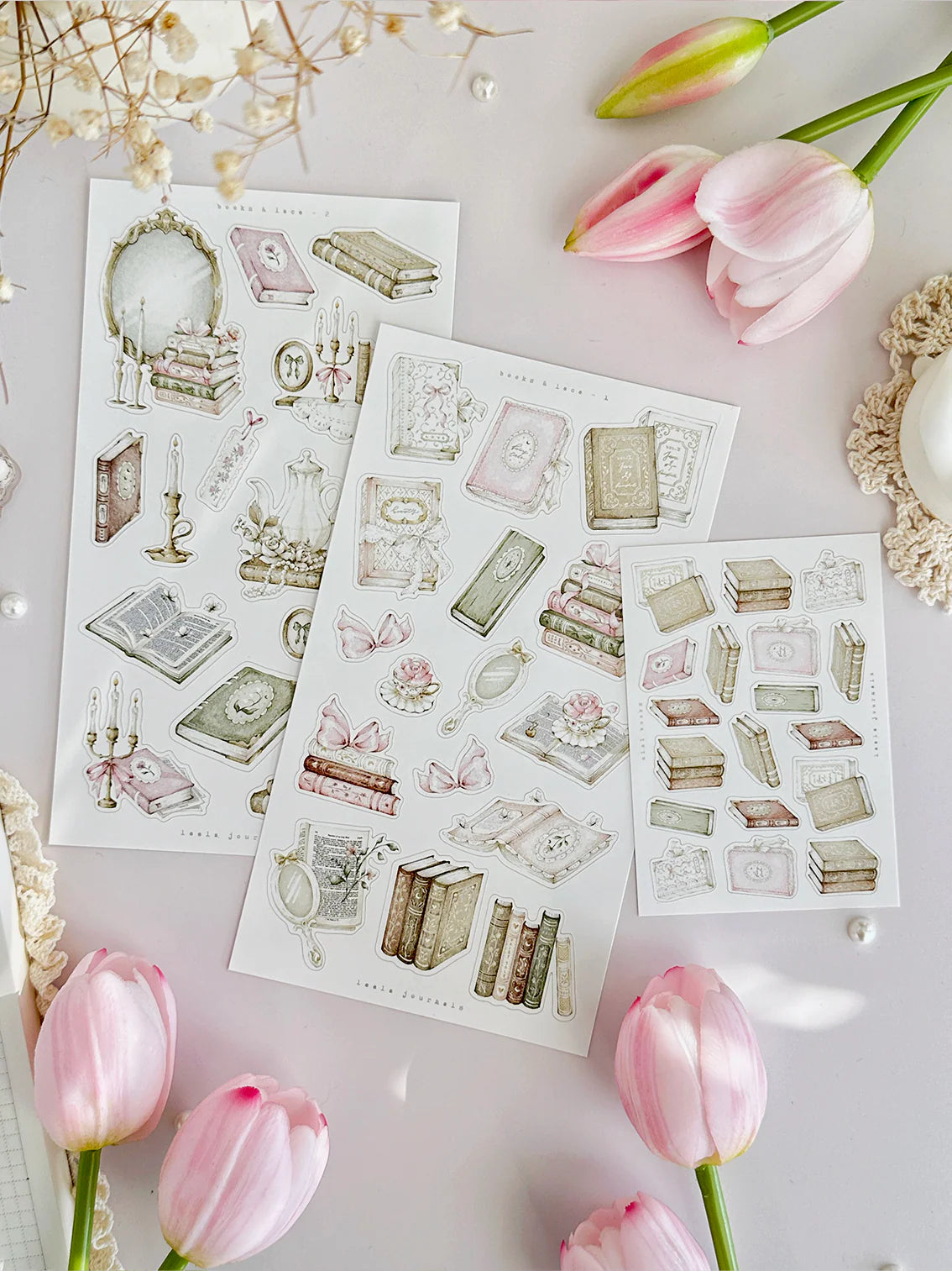 Books & Lace Sticker Sheet - 3pc set