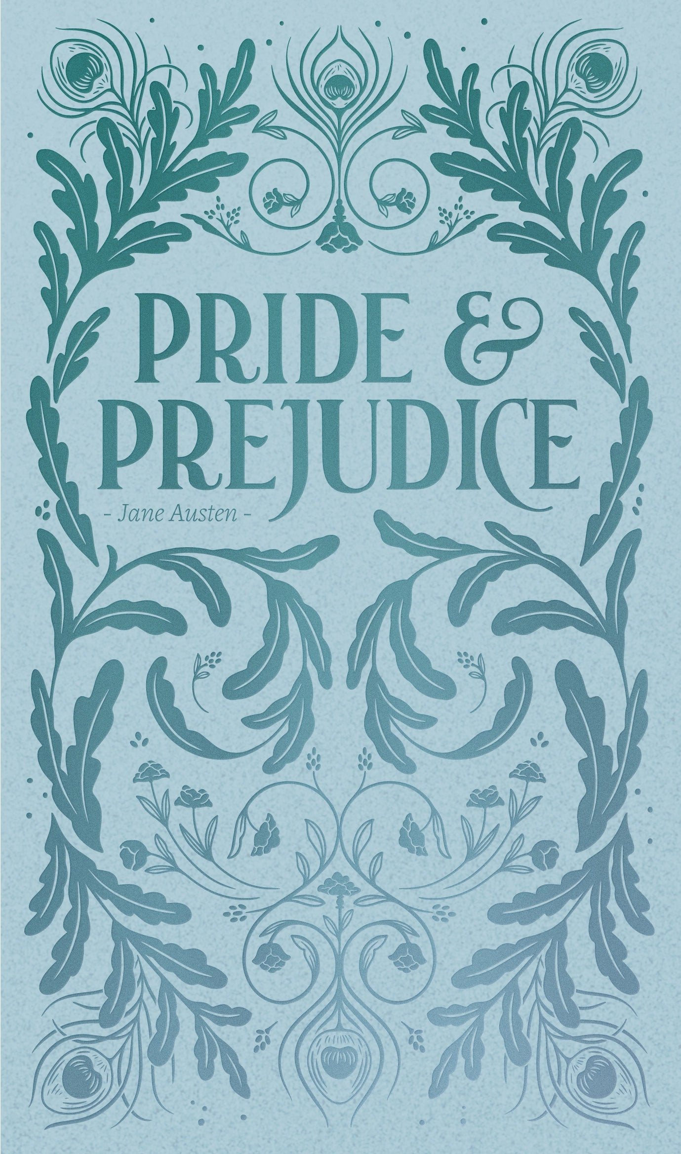 Book cover of 'Pride & Prejudice' by Jane Austen with decorative elements on a light blue background