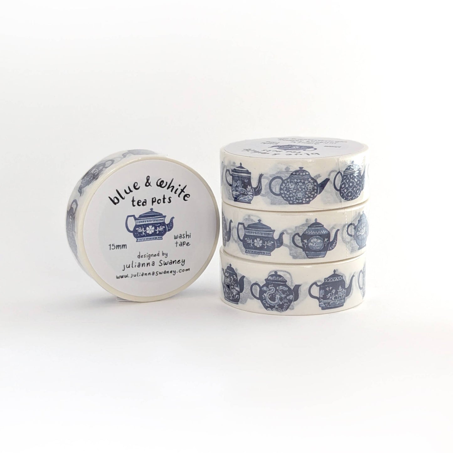 Blue & White Teapots 15mm Washi Tape White Background