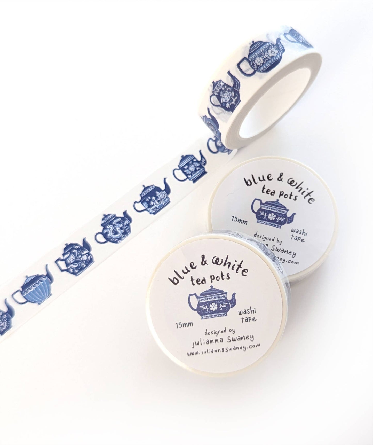 Blue & White Teapots 15mm Washi Tape White Background