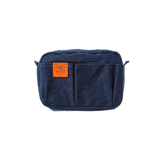 Blue denim pouch with a orange label with Delfonics brand text. The pouch has several pockets on the front.