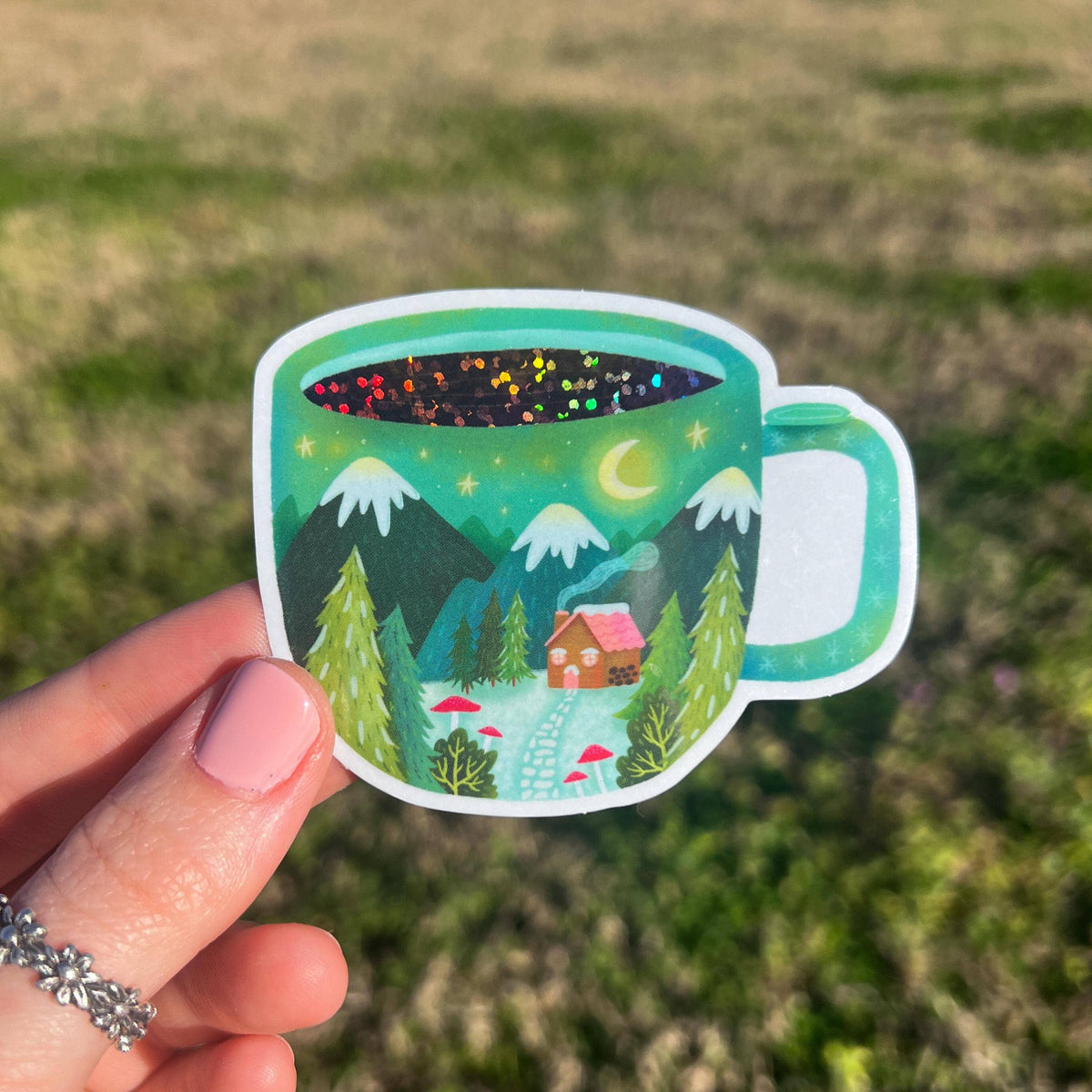 Cabin in Coffee Mug Sticker – Glittery Nature Vinyl Decal