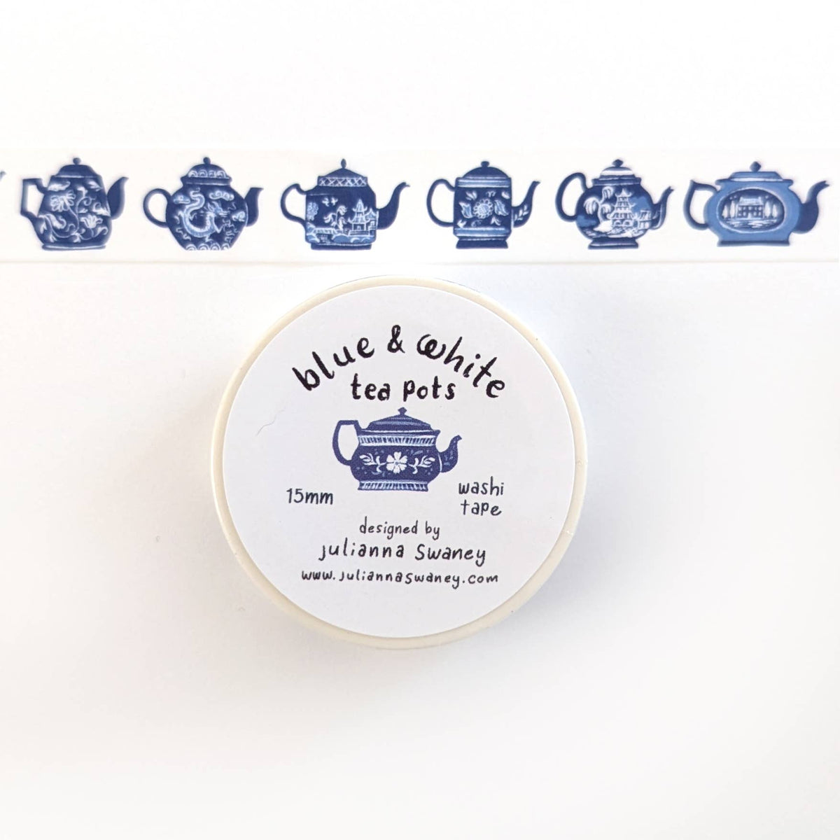 Blue & White Teapots 15mm Washi Tape White Background