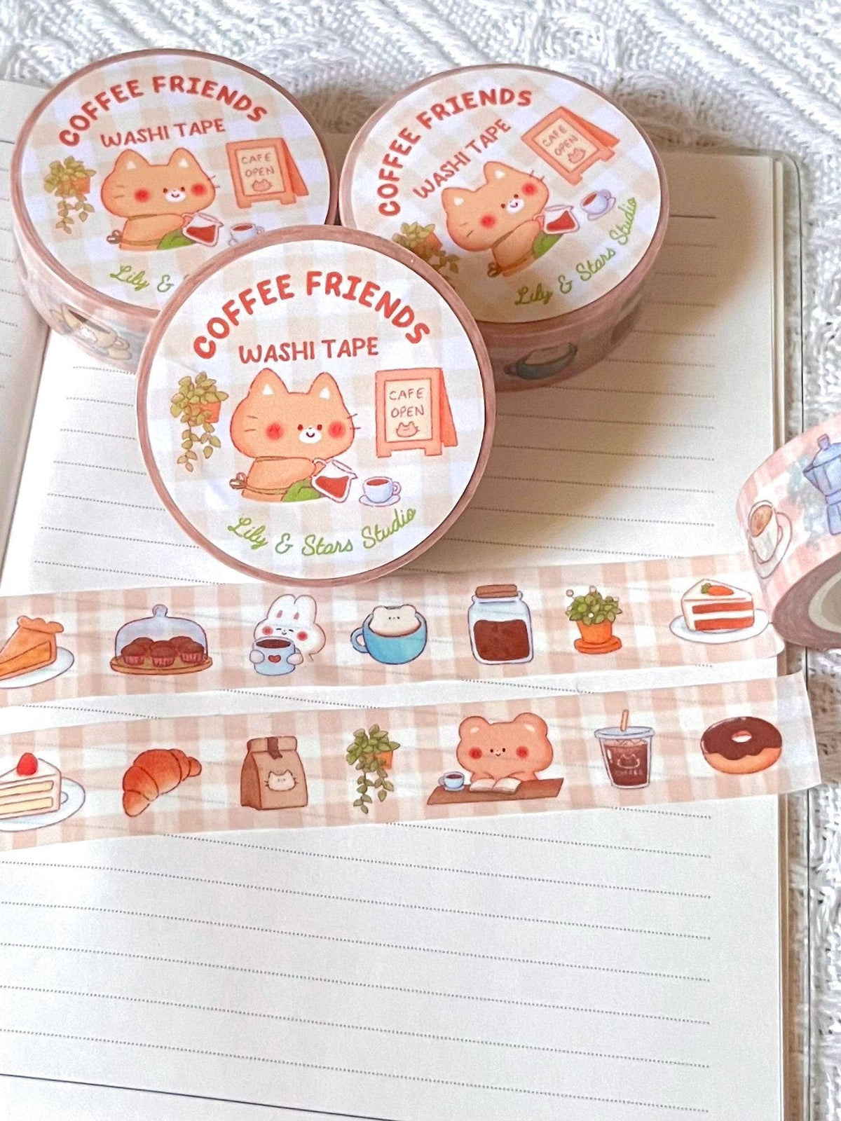 Coffee Friends Washi Tape • Kawaii Cafe Scrapbooking • Planner Tape (15mm x 10m)