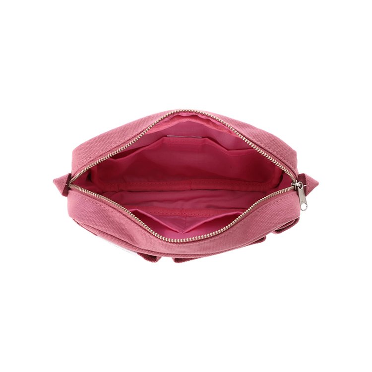 Pink open pouch with a pink inside and zipper visible.