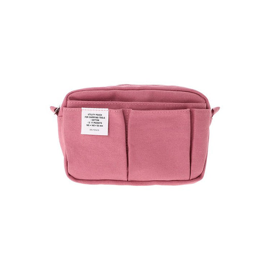 Pink pouch with a white label with Delfonics brand text. The pouch has several pockets on the front.
