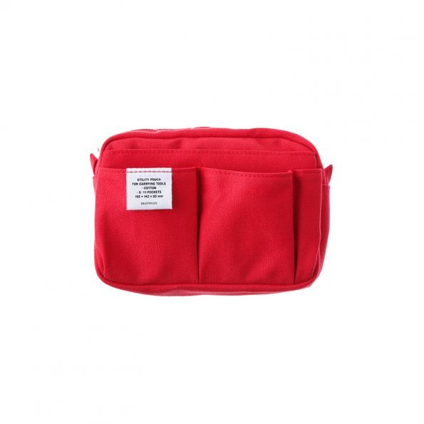 Red pouch with a white label with Delfonics brand text. The pouch has several pockets on the front.